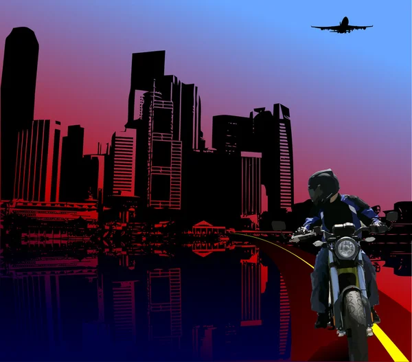 Městské noční pozadí s image motorkáře. Vektorová ilustrace — Stockový vektor
