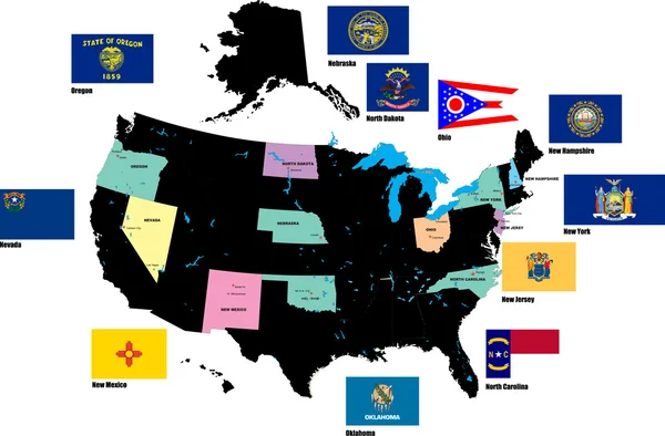 Bandeiras dos Estados Unidos por alfabeto. Cartas N-O. Vector illustr — Vetor de Stock