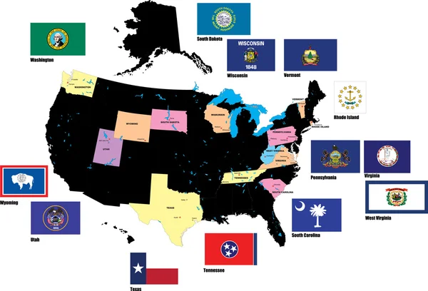Bandeiras dos Estados Unidos por alfabeto. Letras P-W. Vector illustr — Vetor de Stock