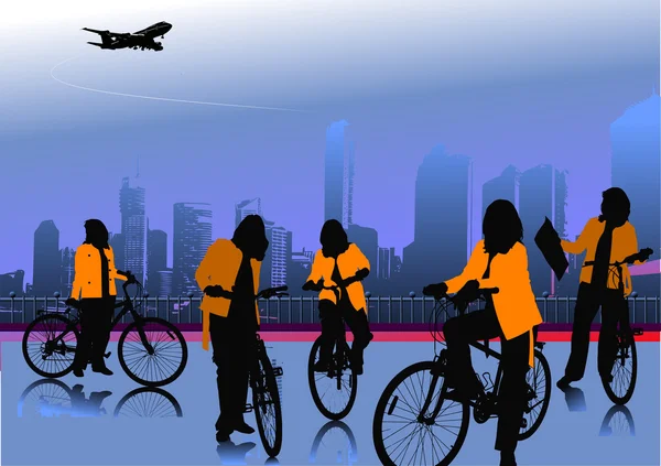 Miejskie tło z wizerunkiem pięciu rowerów. Ilustracja wektora — Wektor stockowy