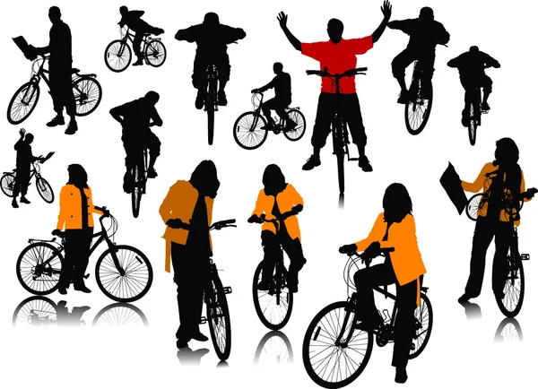 Четырнадцать силуэтов с велосипедом. Векторная иллюстрация — стоковый вектор