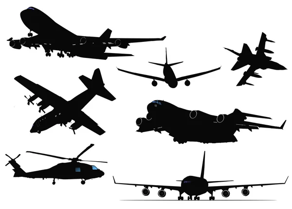 Семь чёрно-белых силуэтов самолёта — стоковый вектор