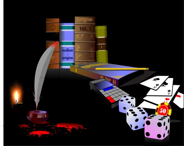 Pot d'encre, plumes et taches avec étagère et cartes à jouer — Image vectorielle
