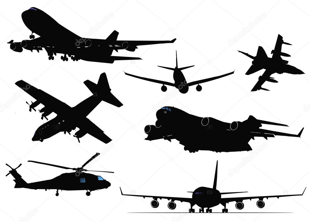 Seven black and white Airplane silhouettes