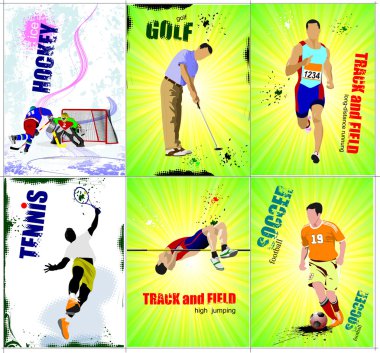 Six sport posters. Track and field, Ice hockey, tennis, soccer, clipart