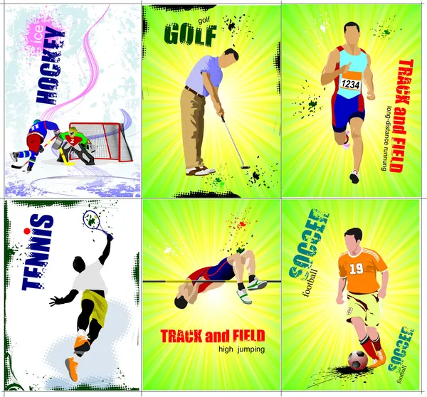 Šest sportovní plakáty. dráha a pole, lední hokej, tenis, fotbal, — Stockový vektor