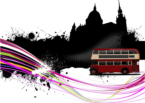 Gambar Grunge London dengan gambar bus. Ilustrasi vektor - Stok Vektor