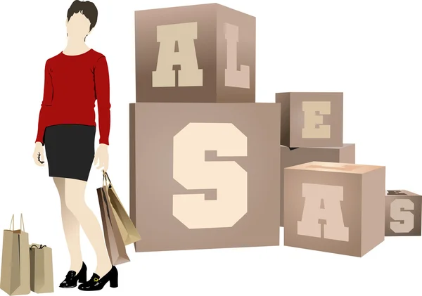 Ragazze dello shopping in piedi vicino a cubi di vendita. Illustrazione vettoriale — Vettoriale Stock