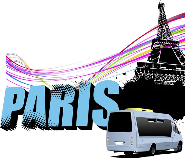 Parole 3D Parigi sulla torre Eiffel sfondo grunge con turista — Vettoriale Stock