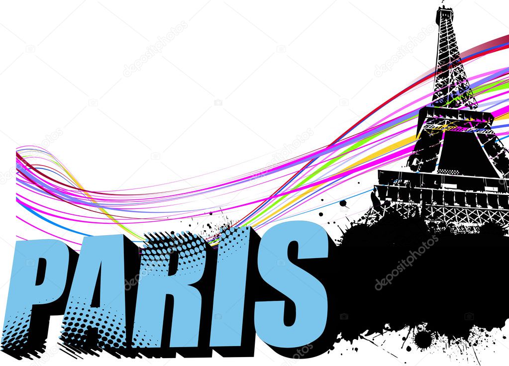 3D word Paris on the Eiffel tower grunge background. Vector illu