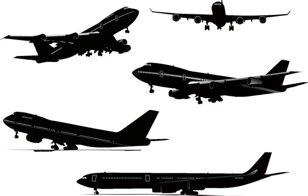 Five black and white Airplane silhouettes