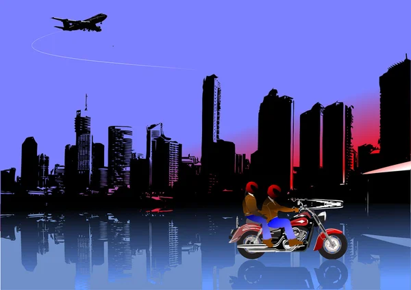 City panorama with motorcycle image. Vector illustration — Stock Vector