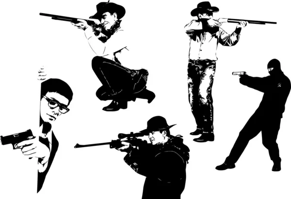 Fem män silhuetter med pistol — Stock vektor