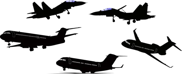 Cinco silhueta de avião preto e branco — Vetor de Stock