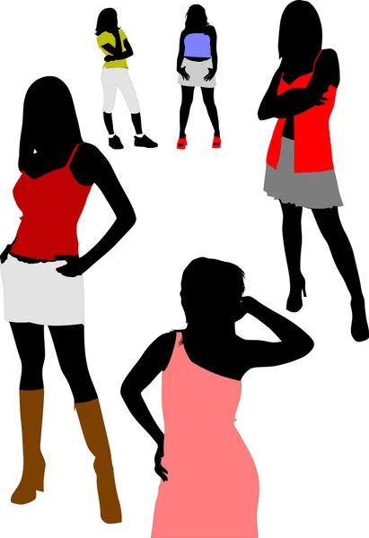 П'ять кольорових гарненьких дівчаток силуетів — стоковий вектор