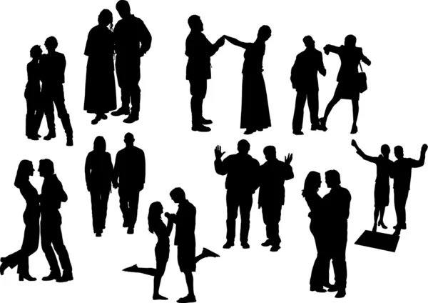 Black and white ten couples silhouettes — Stock Vector