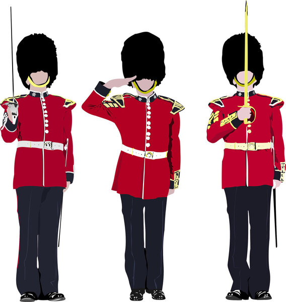 Vector image of three beefeater. England guards.