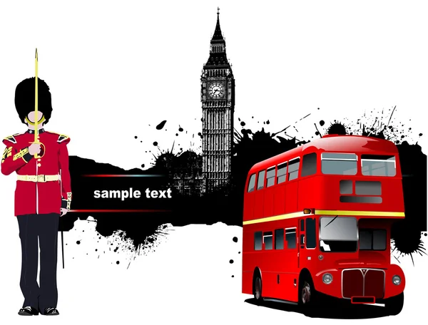 Bandiera Grunge con Londra e immagini di autobus. Illustrazione vettoriale — Vettoriale Stock