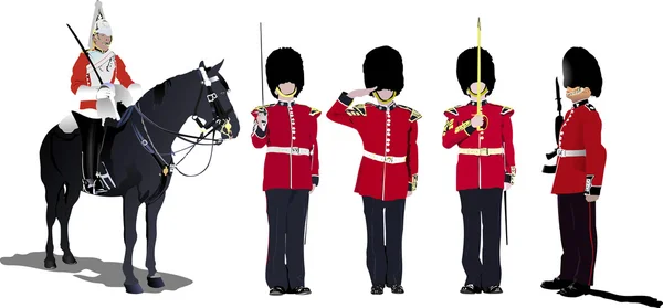 Vector image of five beefeaters. England guards. — Stock Vector