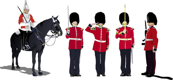 Vector image of five beefeaters. England guards.