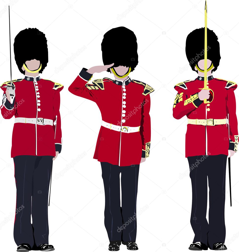 Vector image of three beefeater. England guards.