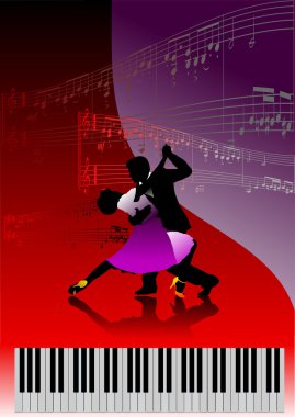 Piano with dancing couple and printing music clipart