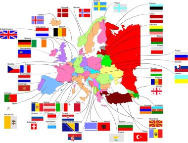 Map of Europe with country flags clipart