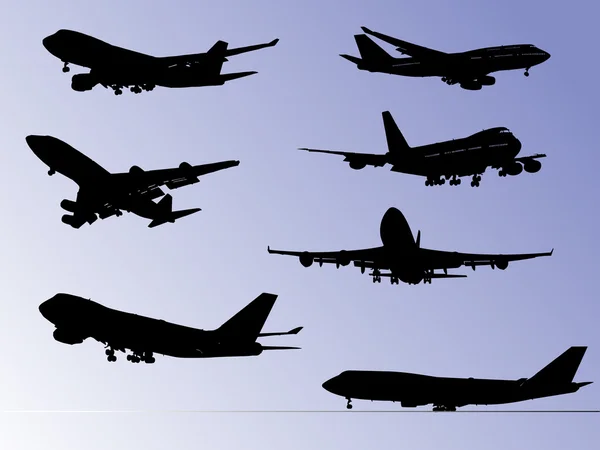 Airplane silhouettes. Vector black illustration. One click color change — Stock Vector