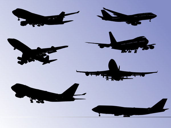Airplane silhouettes. Vector black illustration. One click color change