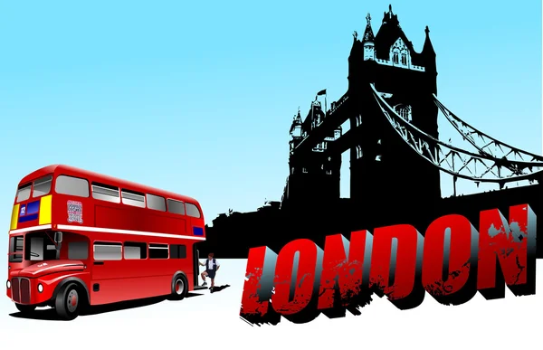 Parola 3D Londra su Tower Bridge e immagini di autobus a due piani. Vec — Vettoriale Stock