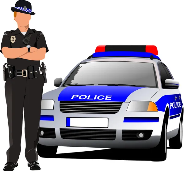 Police woman standing near police car isolated on white. Vector — Stock Vector