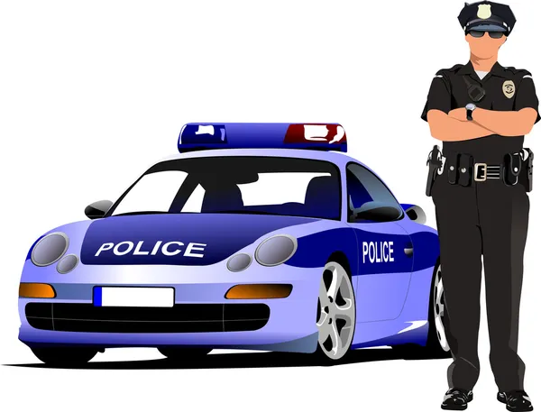 Поліцейська жінка стоїть біля поліцейської машини ізольована на білому. Векторні — стоковий вектор