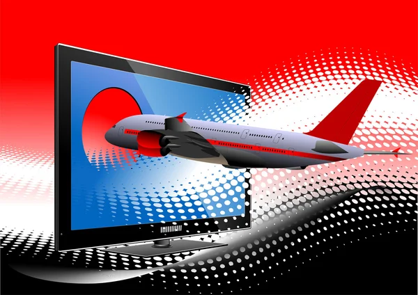 Modré tečkované pozadí s plochého monitoru s cestujícím — Stockový vektor