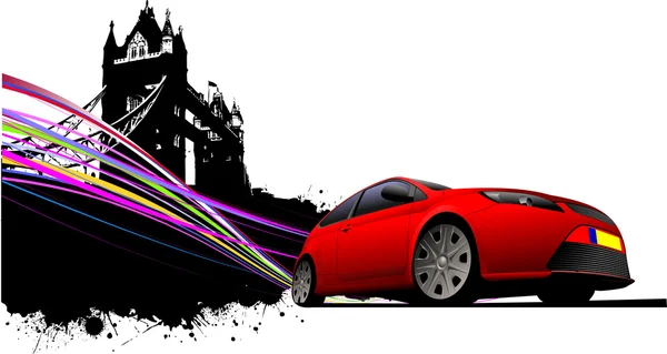 London on Tower bridge and red car coupe images. Vector illustra — Stock Vector