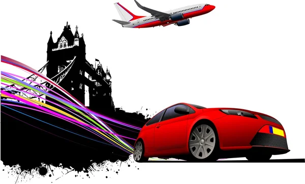 Londra sul Tower Bridge con coupé rosso e immagini di aerei passeggeri. Vecto — Vettoriale Stock