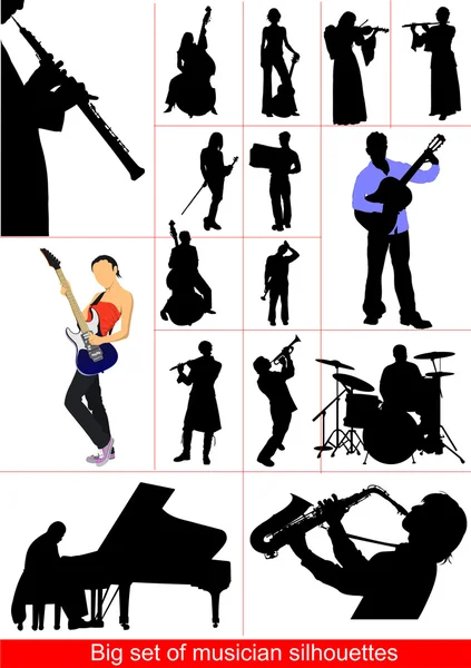 Gros ensemble de silhouettes de musiciens. Orcestra — Image vectorielle