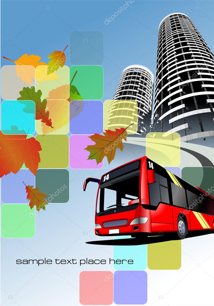 City bus on the town background. Eps 10 Vector illustration