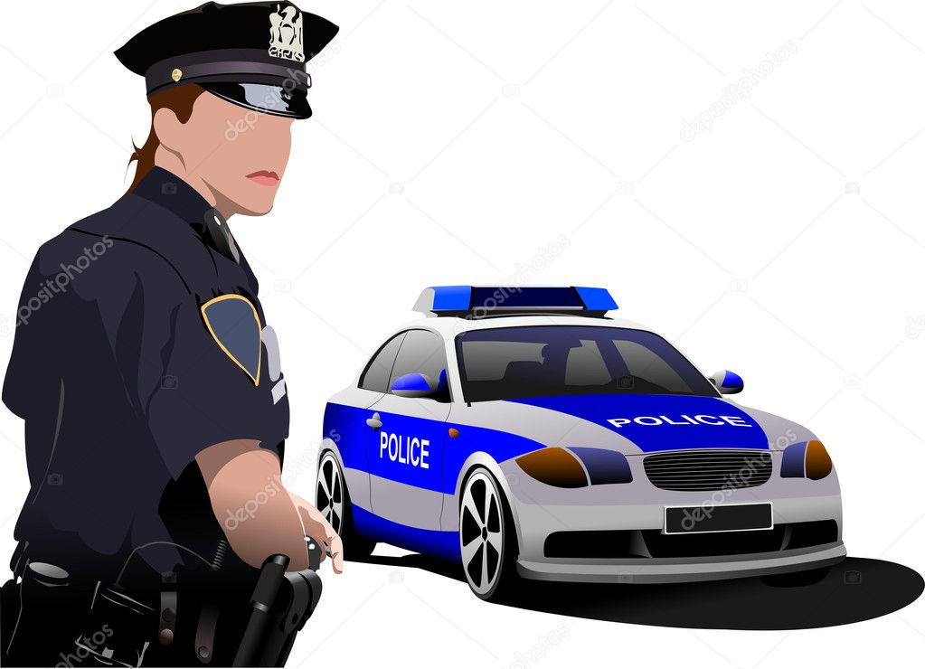 Police woman standing near police car isolated on white. Vector