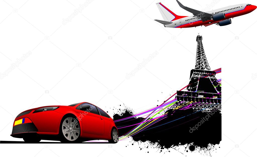 Paris on the Eiffel tower grunge background with red car coupe and passenge