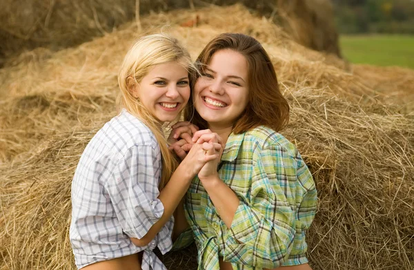Happy girls on hay — Stock Photo, Image