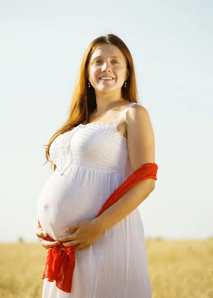 S mulher grávida no campo de cereais — Fotografia de Stock