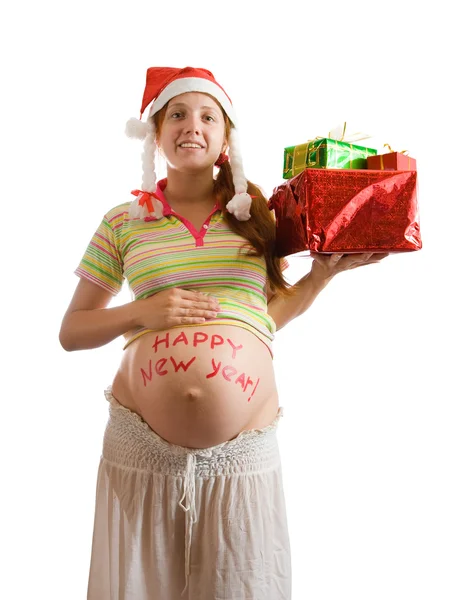 Pregnant woman with christmas gifts — Stock Photo, Image