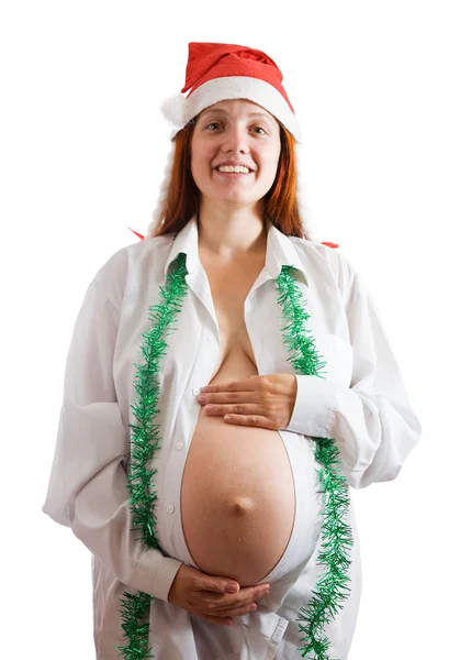 Donna incinta in cappello di Natale — Foto Stock