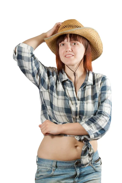 Vrouw in geblokte shirt en stro hoed — Stockfoto