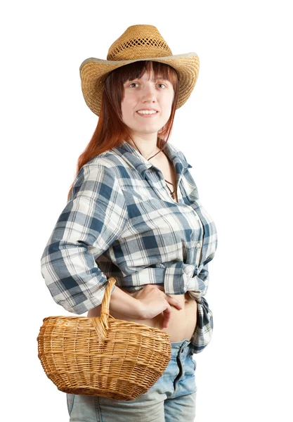 Женщина с корзиной на белом — стоковое фото