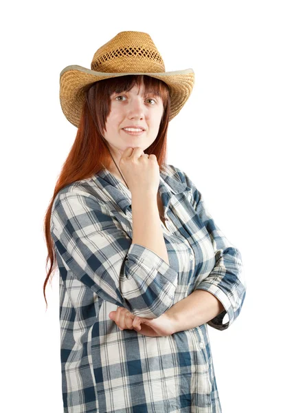 Happy pastoral woman in checkered shirt — Stock Photo, Image