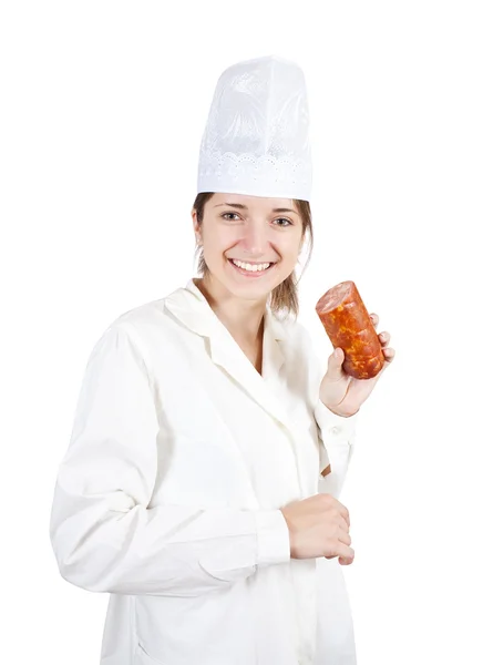 Cozinheiro feminino com salsicha — Fotografia de Stock