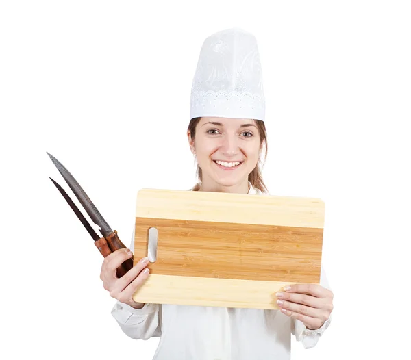 Kesme tahtası ile kadın aşçı — Stok fotoğraf