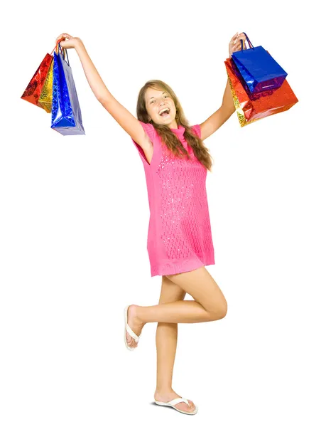 Κορίτσι που κρατάει τσάντες για ψώνια — Φωτογραφία Αρχείου