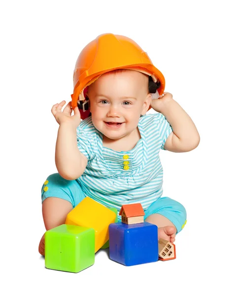 Toddler in hardhat over white — Stock Photo, Image